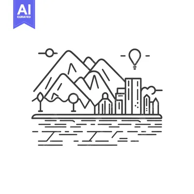 Aset desain premium: A minimalist landscape drawing depicting mountains and a cityscape