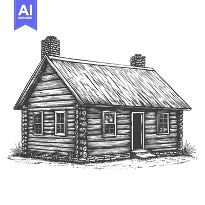 Aset desain premium: Detailed black and white illustration of a wooden cabin home