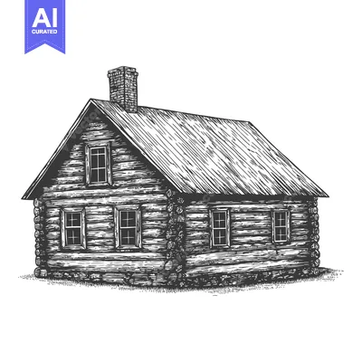 Aset premium populer: An illustration depicts a rustic log cabin with chimney and windows