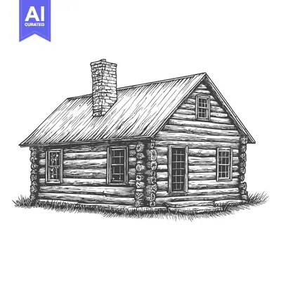 Aset premium populer: A detailed illustration of a rustic log cabin building