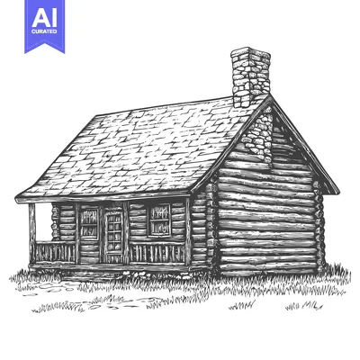 Aset premium populer: Detailed ink drawing of a rustic log cabin in a landscape