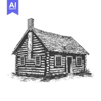 Aset premium populer: A detailed illustration depicts a rustic log cabin structure