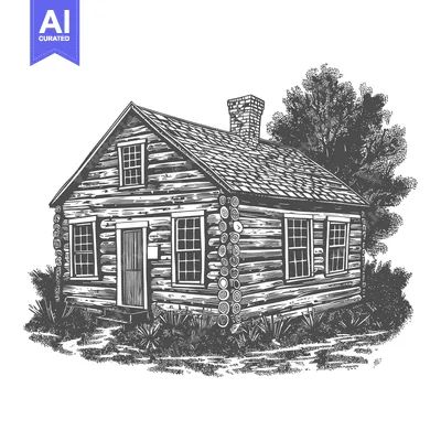 Aset premium populer: A detailed illustration of a log cabin standing amongst greenery