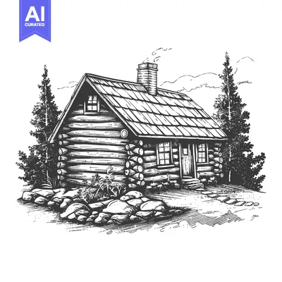 Aset premium populer: A simple black and white illustration of a log cabin home