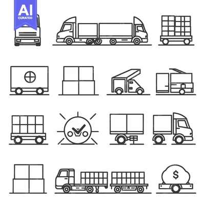 Various line art illustrations depict trucking and logistics concepts