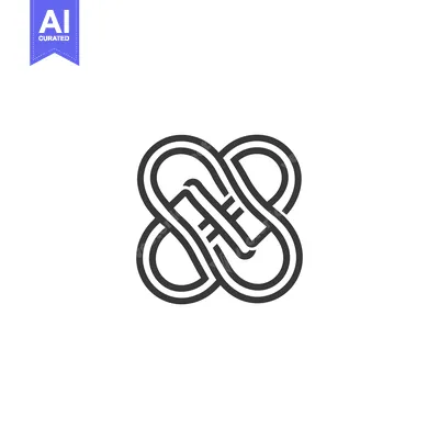 A symmetrical graphic depicts interwoven shapes with clean lines
