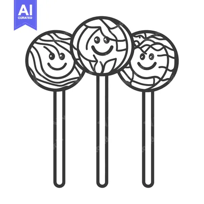 Aset premium populer: Three happy round candy lollipops with smiling cartoon faces on them