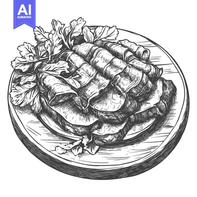 Popular premium asset: A sketch of food served on a round wooden plate