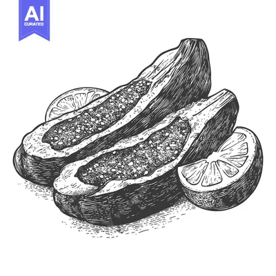Aset desain premium: Black and white illustration of sliced fruit arranged for display