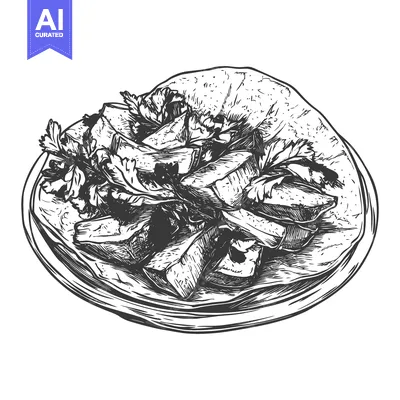 Aset desain premium: A sketch of a prepared meal served on a circular plate
