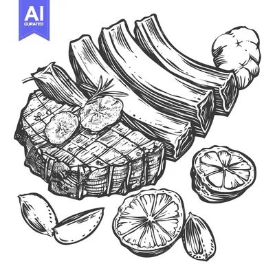 Premium design asset: Detailed monochrome illustration depicts roasted meat and food ingredi
