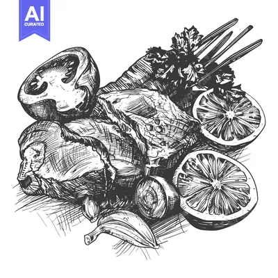 Aset premium populer: A black and white illustration of food ingredients arrangement