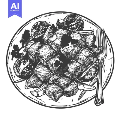 Aset desain premium: A black and white illustration of food served on a plate