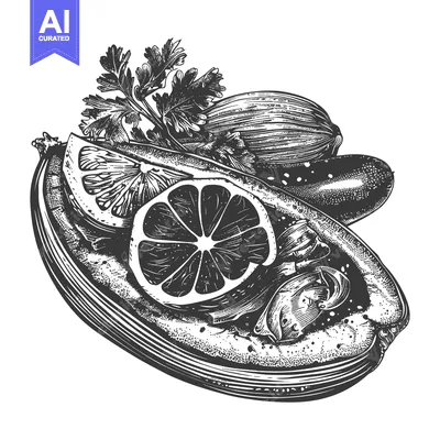 Popular premium asset: A stylized detailed drawing showcasing prepared seafood and vegetables