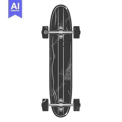 Aset desain premium: An overhead monochrome illustration of a long skateboard with wheels