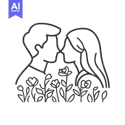Aset desain premium: An outlined image portrays a couple about to share a kiss