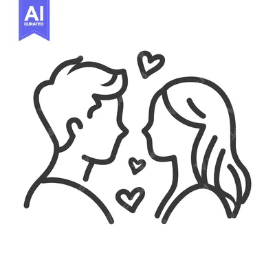 Aset desain premium: Simple black line drawing featuring a loving couple with hearts