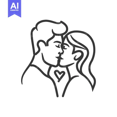 Aset desain premium: A simple line drawing of two people kissing romantically