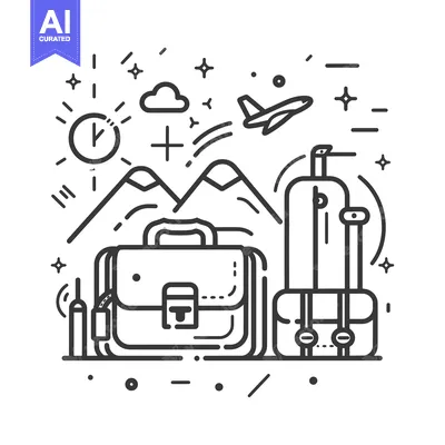 Aset desain premium: Luggage, Airplane, Mountains, and Clock Icon Illustration