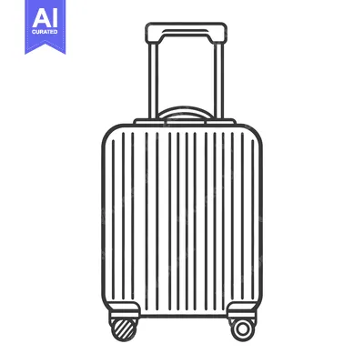 A black and white image depicts a wheeled suitcase for travel
