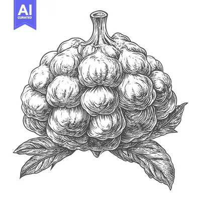 Aset premium populer: A detailed vintage illustration depicting a unique fruit with leaves