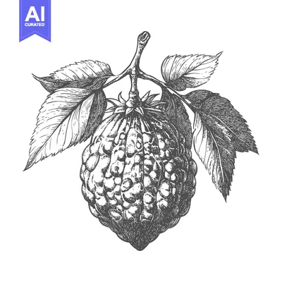 Premium design asset: A detailed sketch depicts a fruit on a slender branch with leaves