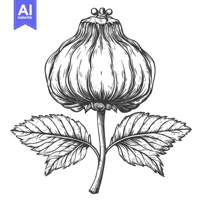 Aset desain premium: Detailed line art illustration depicting a blooming flower with leaves