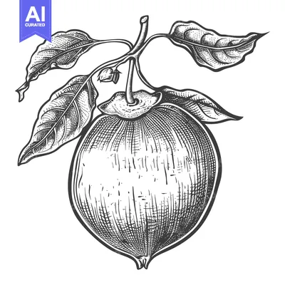 Aset premium populer: A monochrome drawing of a fruit with leafy branches