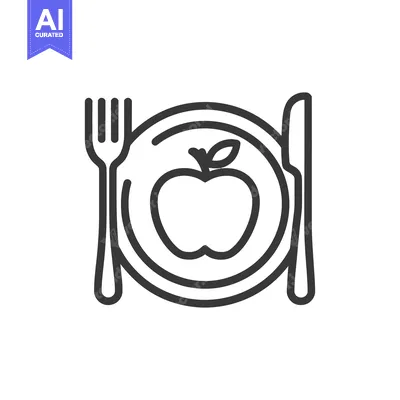 Aset desain premium: Minimalist Apple on Plate Icon with Fork and Knife Outline