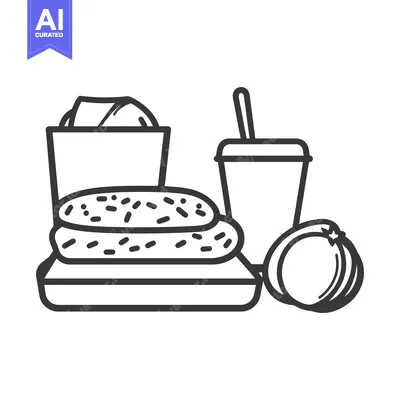 Aset desain premium: A line art illustration of a fast food meal