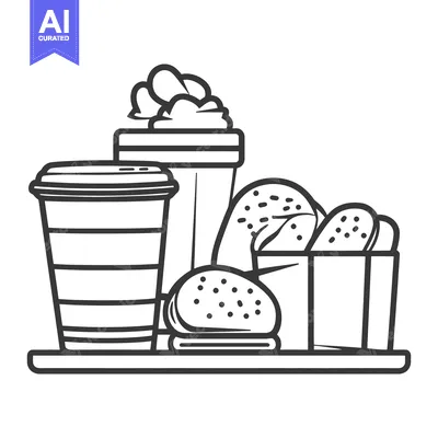 Aset premium populer: Illustrated black and white image of a fast food meal