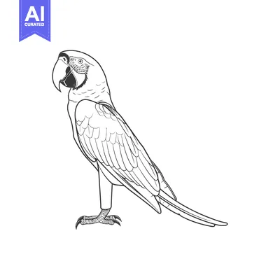 Aset desain premium: A black and white line drawing of a parrot facing left