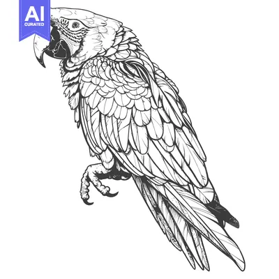 Aset desain premium: Detailed black and white drawing of a vibrant parrot