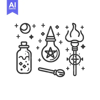 Aset premium populer: Various magical objects and symbols arranged for illustration purposes