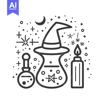 Popular premium asset: A black and white illustration of magical symbols and items