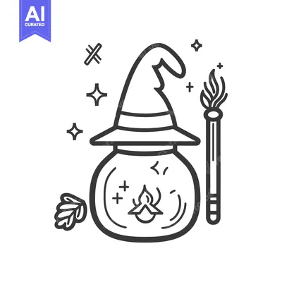 A whimsical black and white witch themed design illustration