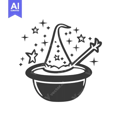 A stylized image depicts a cauldron with a wizards hat