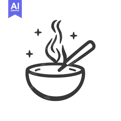Aset desain premium: Simple black and white icon depicting a bowl of soup steaming