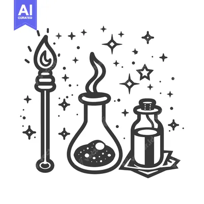 Aset premium populer: An illustration depicts various magical items and sparkling effects