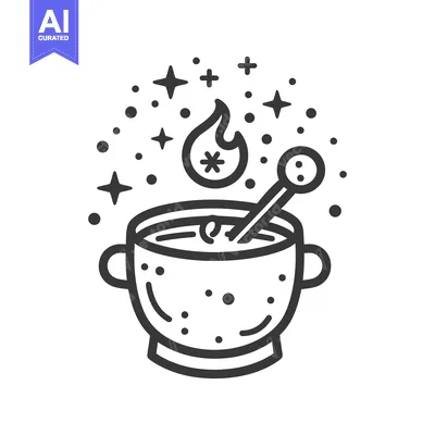 Aset premium populer: A black and white illustration of a magical cauldron image