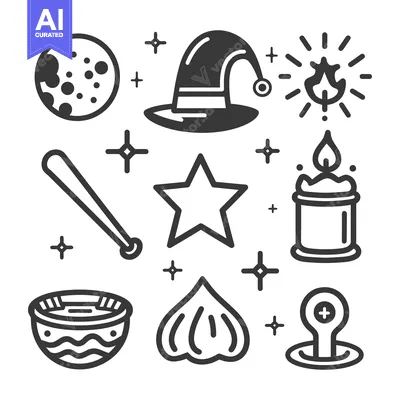 Aset desain premium: Collection of magical themed icons and symbols in a design