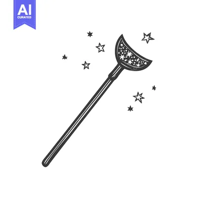 Aset desain premium: A black line illustration of a crescent moon magic wand