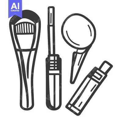 Aset desain premium: Four different cosmetic tools are arranged in a simple black illustrat