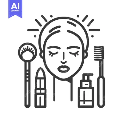 A graphic outline depicts a face surrounded by beauty products