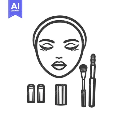 A black and white outline of a face and makeup tools