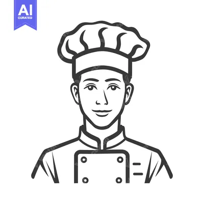 Aset desain premium: A smiling cartoon chef wearing a tall white hat and uniform