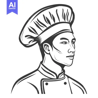 Premium design asset: A chef wearing a tall white hat and uniform looks rightward