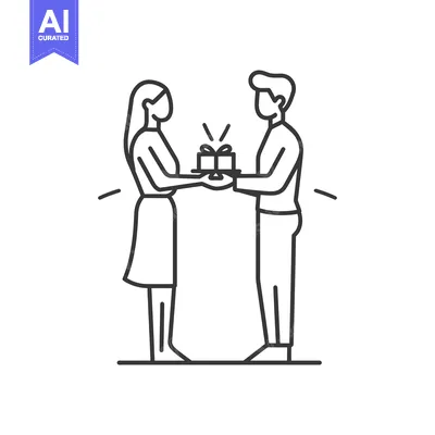 Aset premium populer: Man and Woman Exchanging a Gift in a Simple Line Drawing