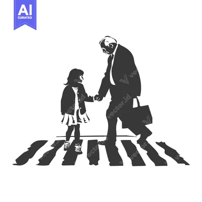 Aset premium populer: Man and young girl crossing a crosswalk