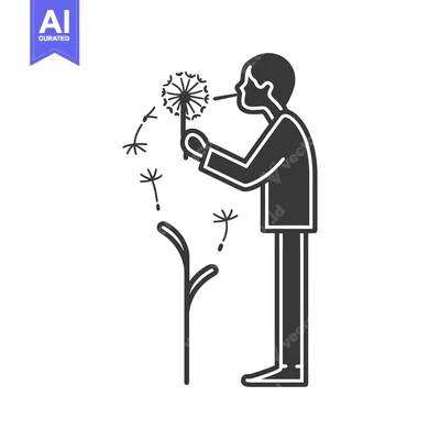 Premium design asset: Man Blowing on a Dandelion with Seeds Flying Away
